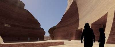 Rendering of an outdoor space between sandstone formations and a rock-cut entrance at Sharaan resort