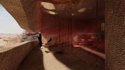 Rendering of a sandstone balcony overlooking the desert beside a glazed room at Sharaan resort