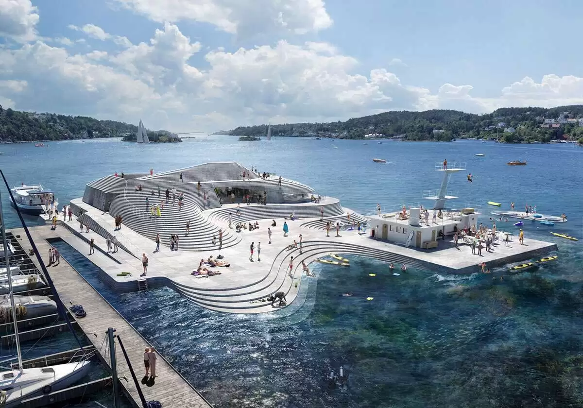 Snøhetta designs an artificial island to revive a Norwegian harbor bath