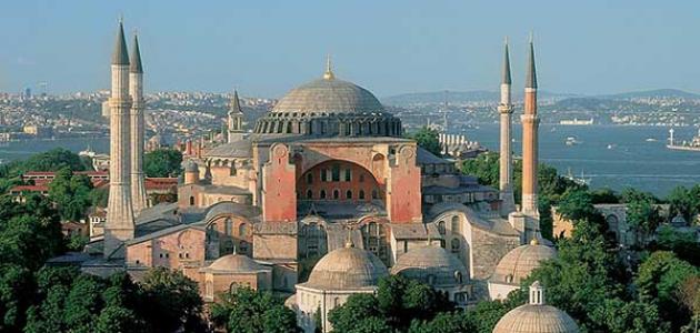 "Hagia Sophia from a distant angle, showcasing its strategic location near the sea."