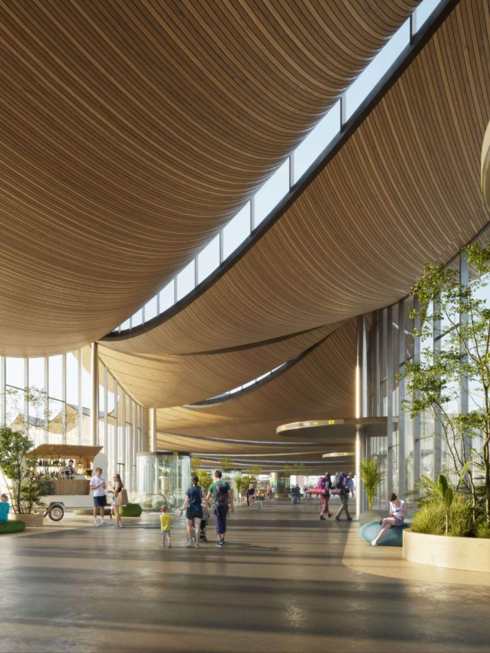 Striking timber roof with sweeping curves defines BIG proposal for Västerås Travel Centre in Sweden