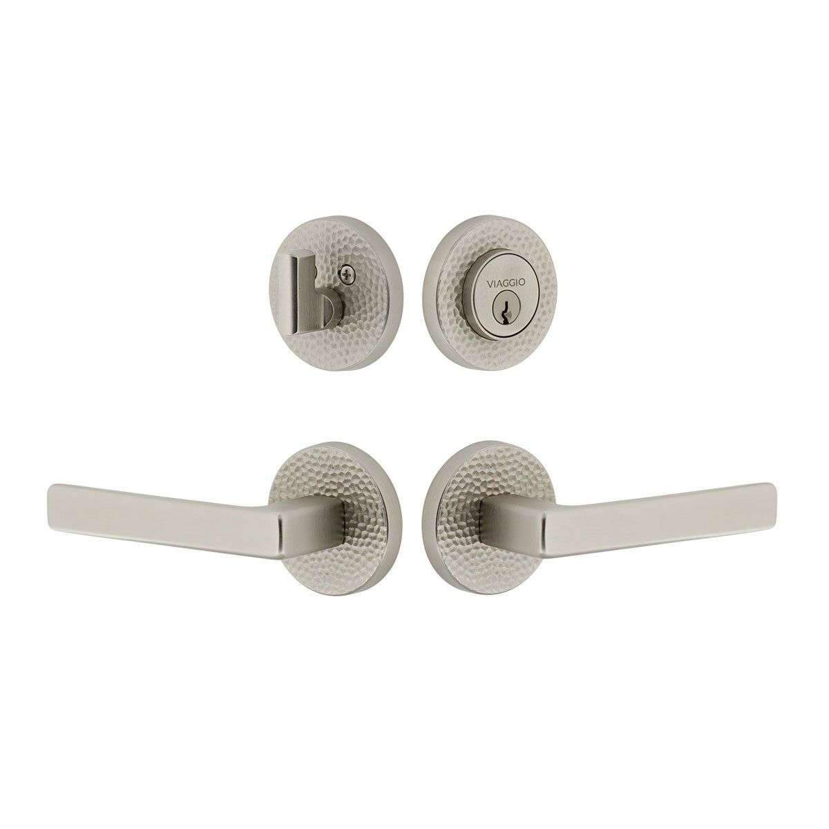 Circolo Hammered Rosette Entry Set with Lusso Lever in Satin Nickel – 2 3/4 / Right Handed