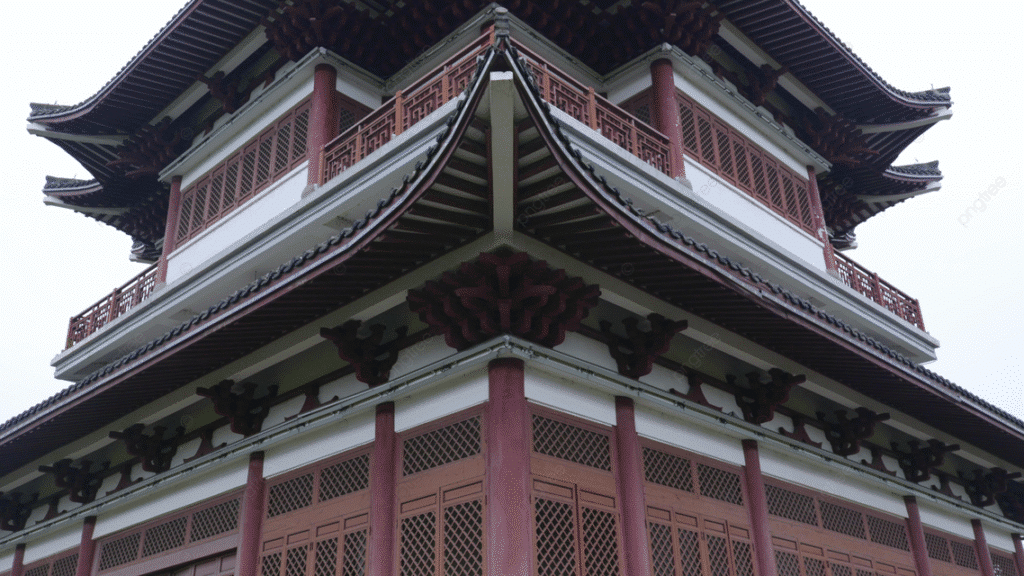 "A section of a traditional Chinese temple showcasing intricate designs with wood and vibrant colors, highlighting the beauty of Chinese architecture."