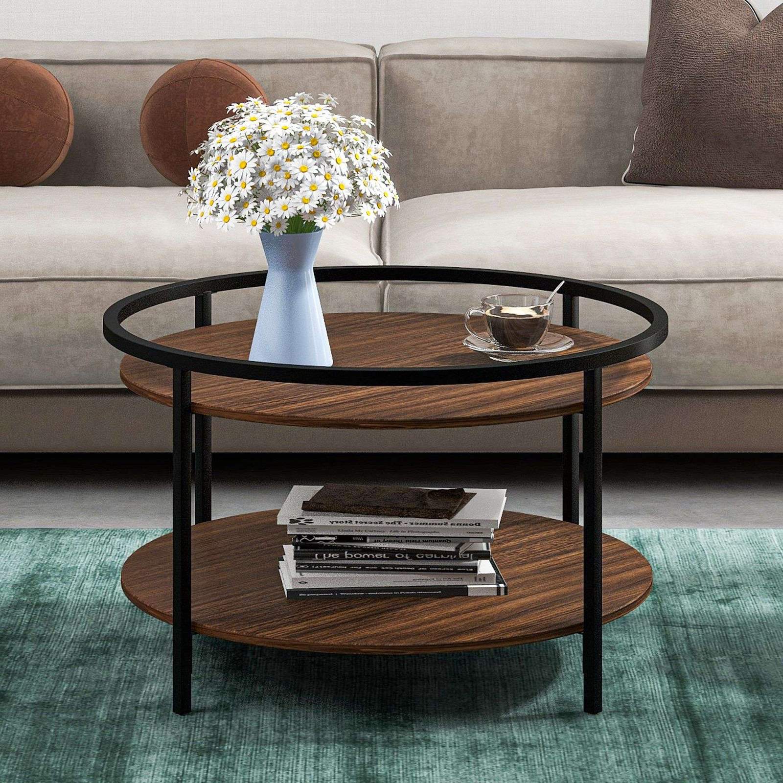 ON-TREND Cocktail Table Round Coffee Table Modern Industrial Design with Sink Top for Livingroom (BROWN)