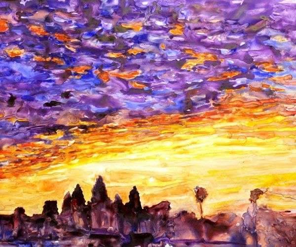 Angkor Wat at sunset- landscape of Cambodia painting, art Angkor Wat painting, Angkor Wat watercolor landscape print fine art home decor – 8×12  inches