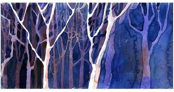 Trees in forest fine art painting.  Tree decor landscape painting of trees forest fine art watercolor landscape tree artwork home decor blue – 8×12  inches