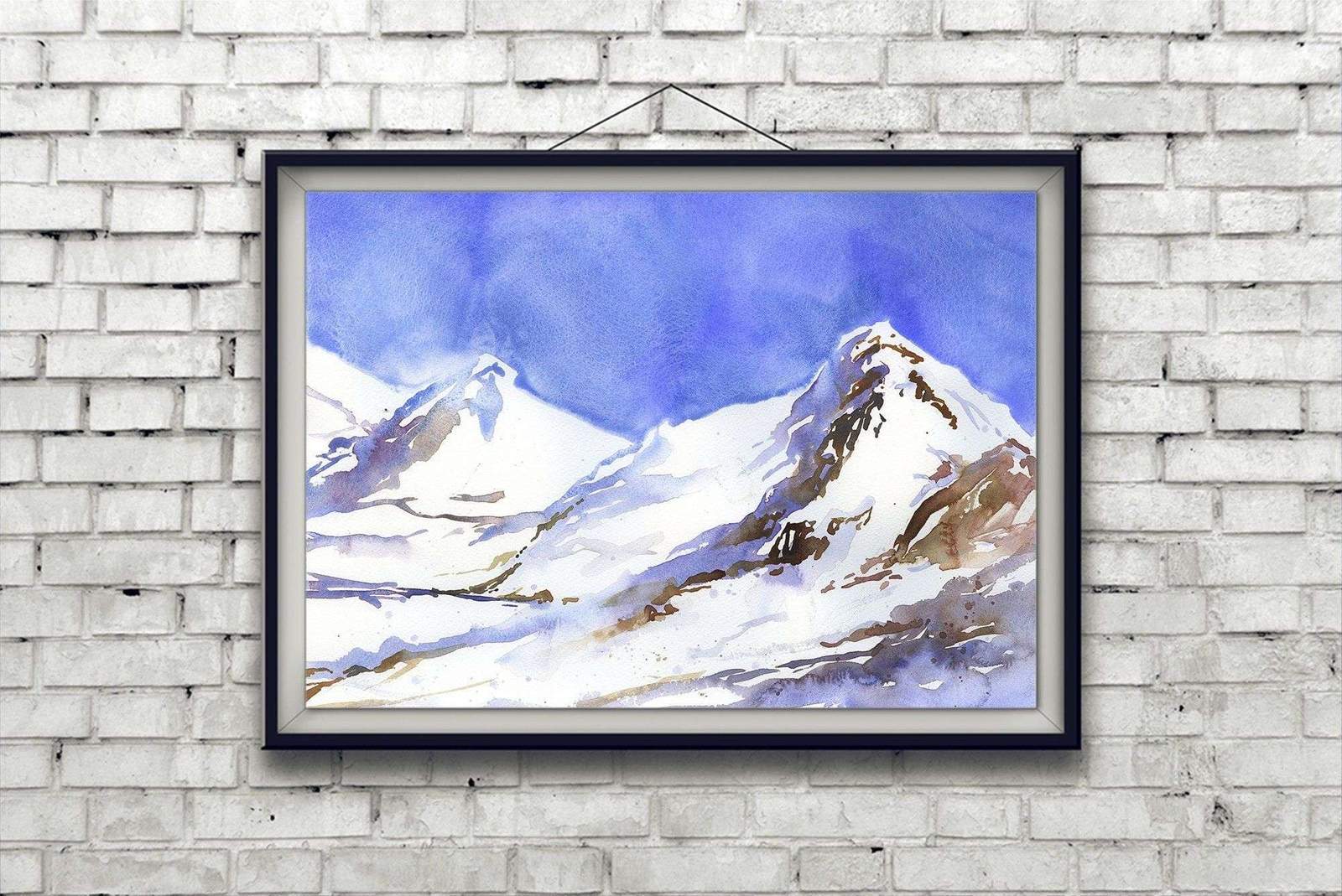 Swiss Alps watercolor landscape painting.  Watercolor of snow covered mountains in Switzerland.  Swiss alps snowing landscape artwor print – 20×30  inches