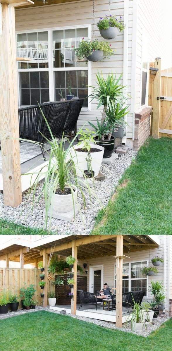 Modern design ideas for a small backyard // DIY rock landscaping around a gray…
