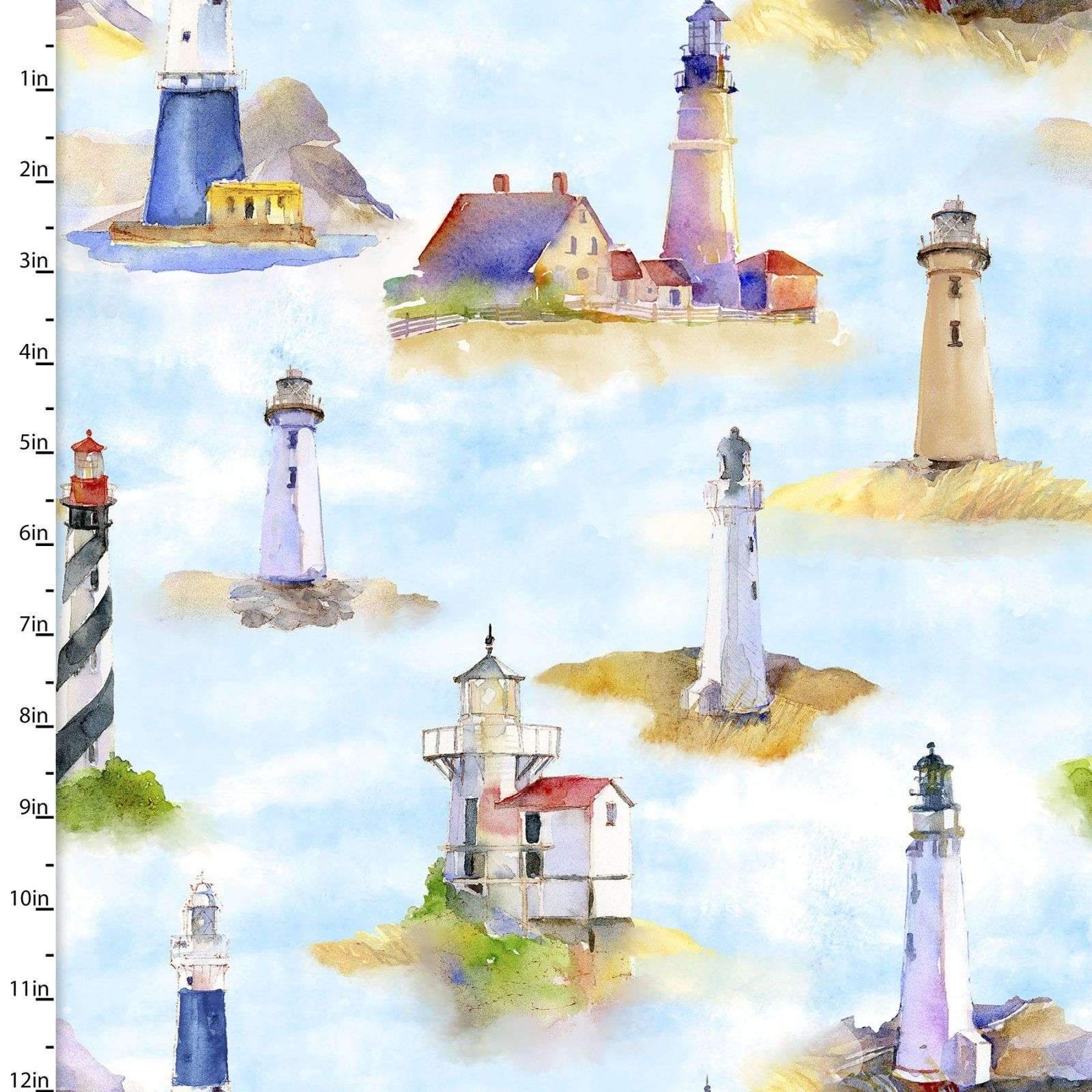 Lighthouses Quilting Fabric from At the Shore Collection by John Keeling from 3 Wishes, 16055-BLU-CTN-D – continuous yardage
