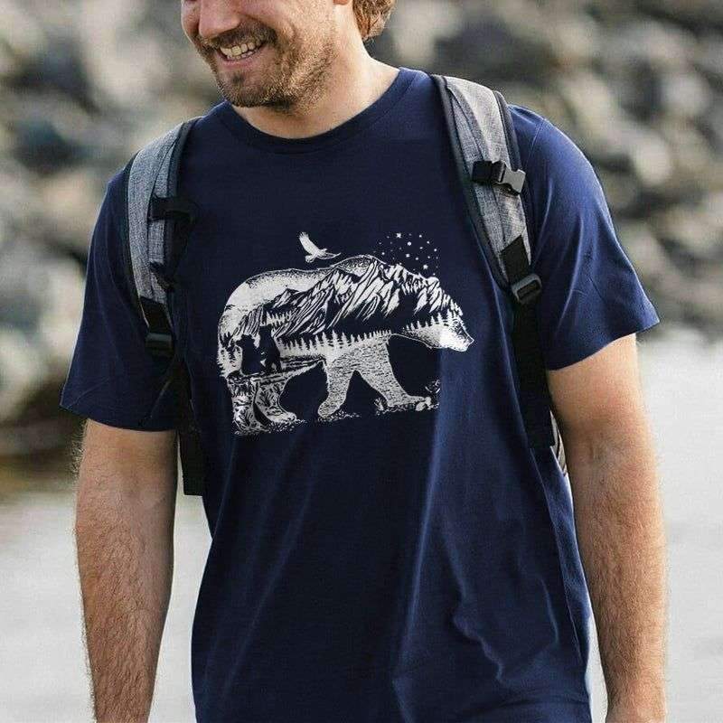 Bear Mountain Landscape Print Short Sleeve T-shirt – Navy Blue / 4XL