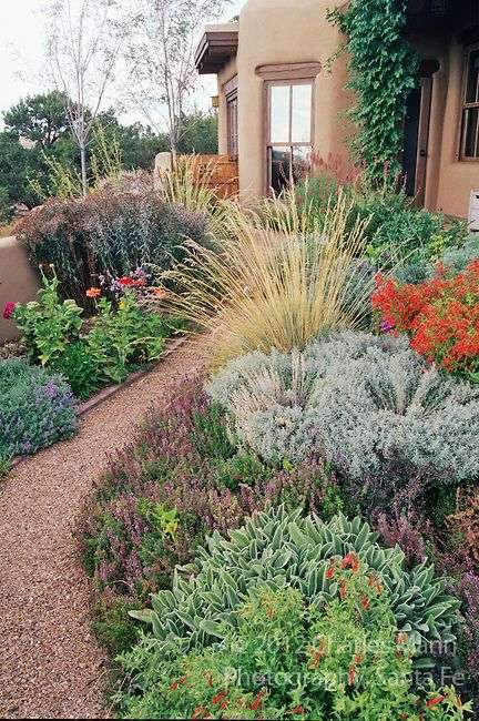 A colorful Xeriscape garden design by Susan Blake of Santa Fe, New Mexico, features…