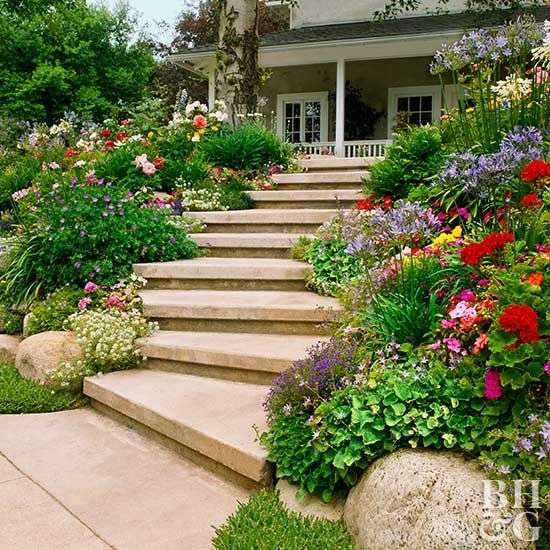 Steps convert a sloped flower bed from inaccessible to inviting. Wide steps that meander…