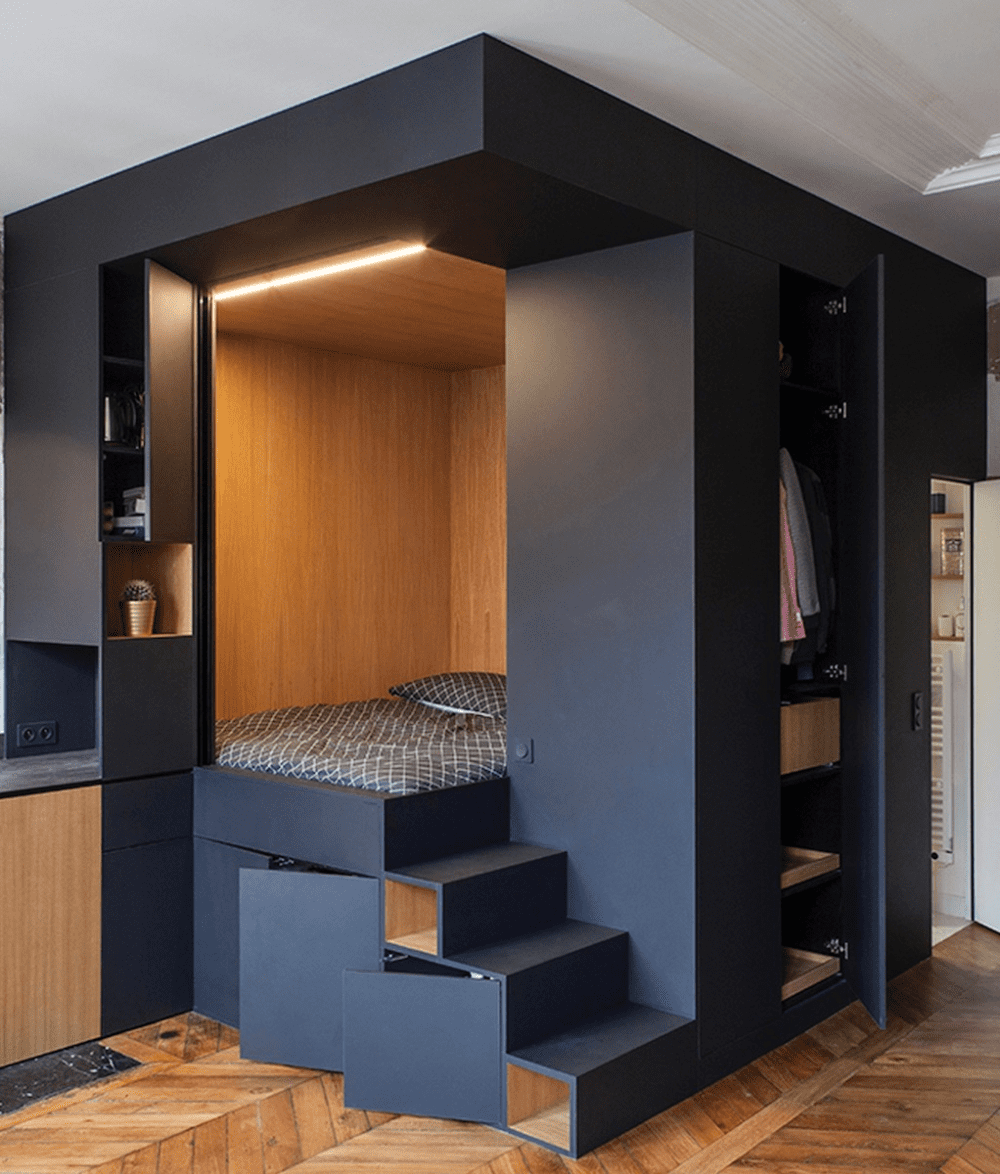 Le cube noir rangement espace nuit chambre dans un studio création architecte paris malin…