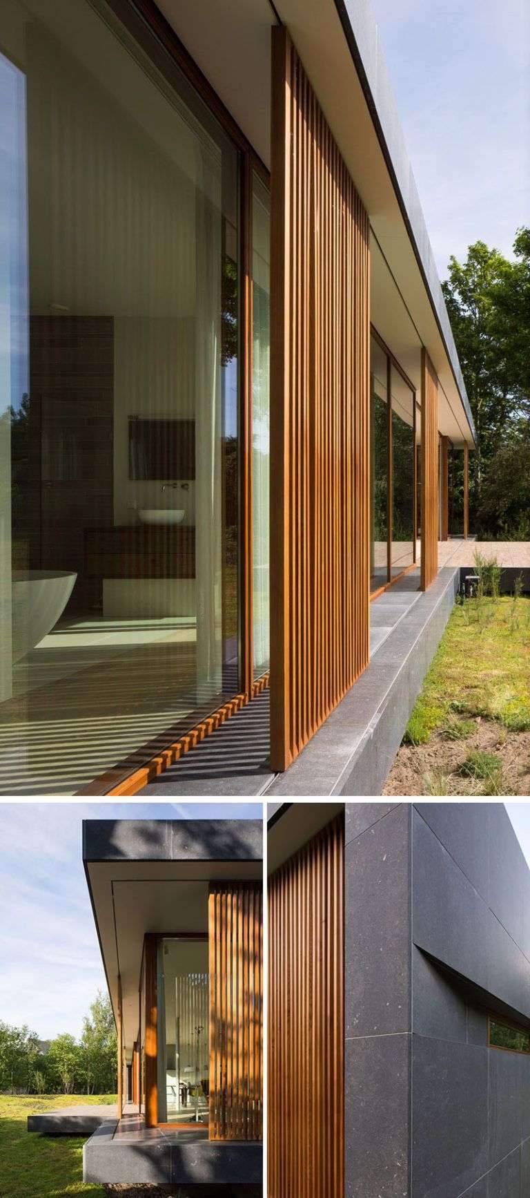 On the facade of this modern home, large scale, sliding wood mullions made from…