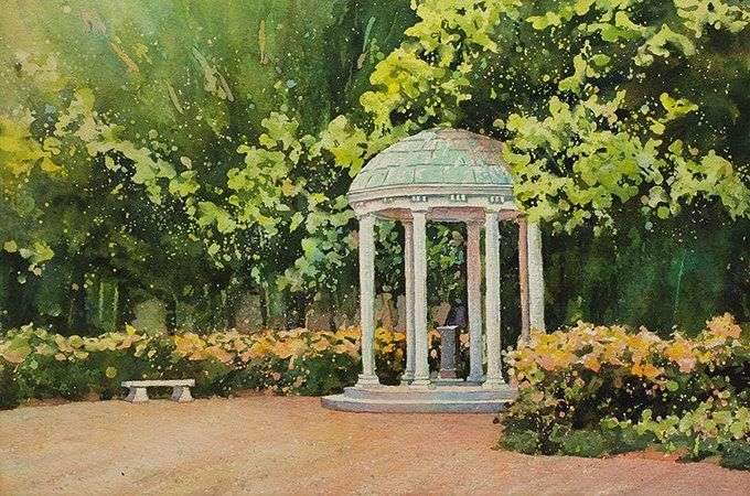 Painting of Old Well- University of North Carolina (UNC) Chapel Hill, NC.  Chapel Hill watercolor.  Art Chapel Hill UNC landscape painting – 12×18  inches