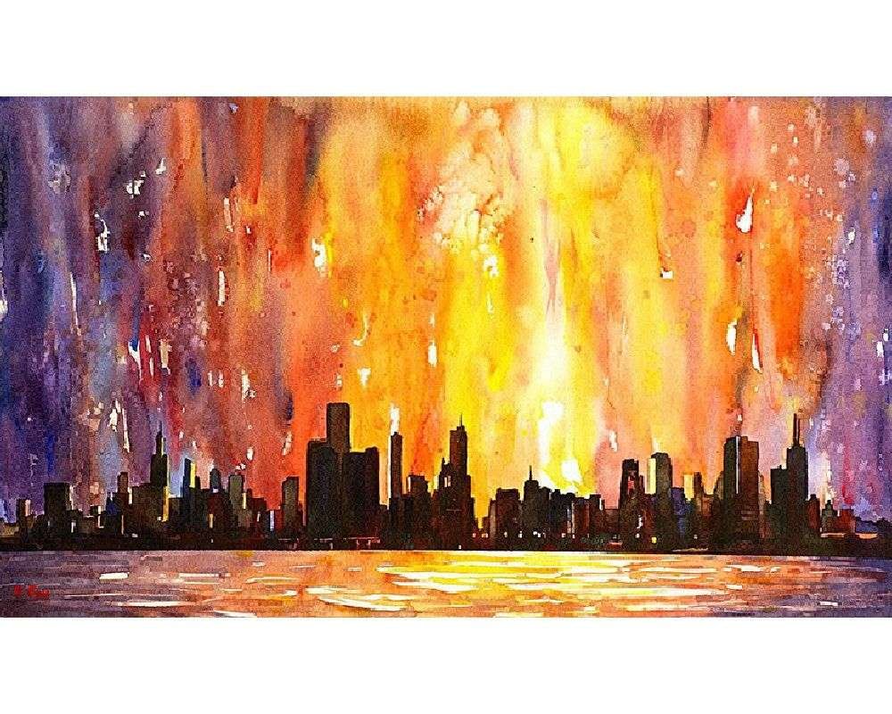 Downtown Chicago skyline at sunset on Lake Michigan.  Chicago painting.  Art Chicago watercolor.  Watercolor landscape Chicago sunset art – 12×18  inches