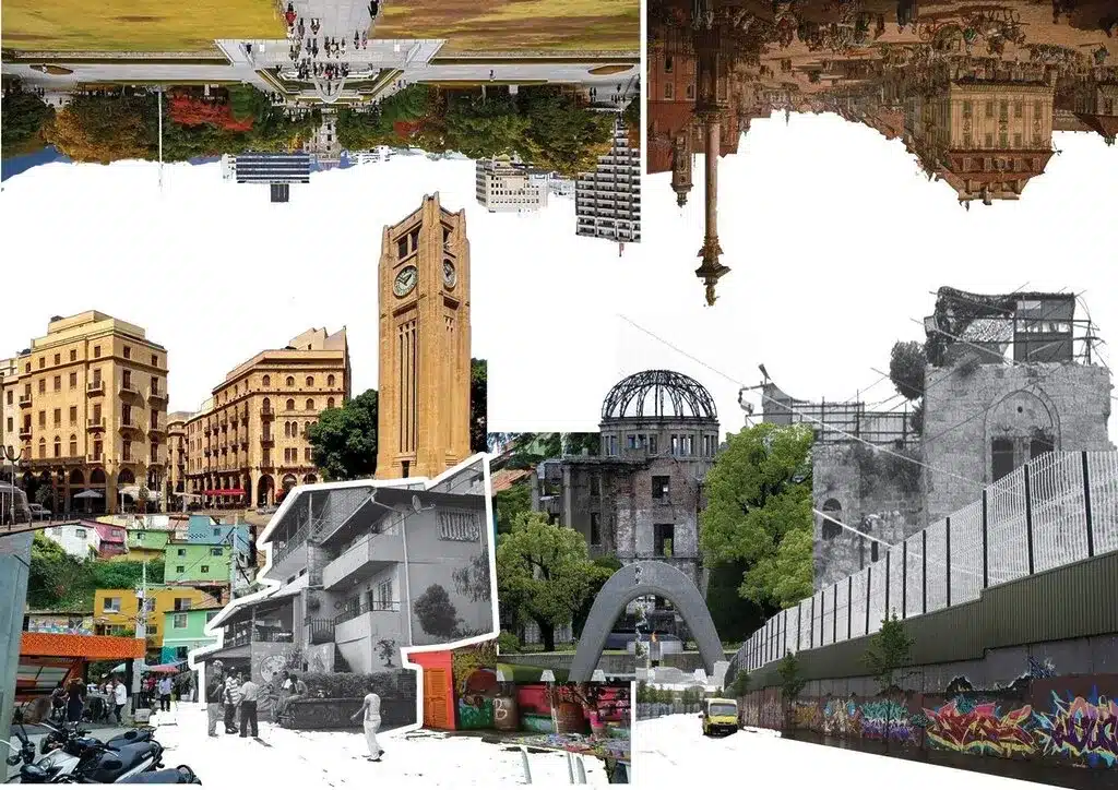 Collage of destroyed and modern buildings showing war’s impact on architecture over time