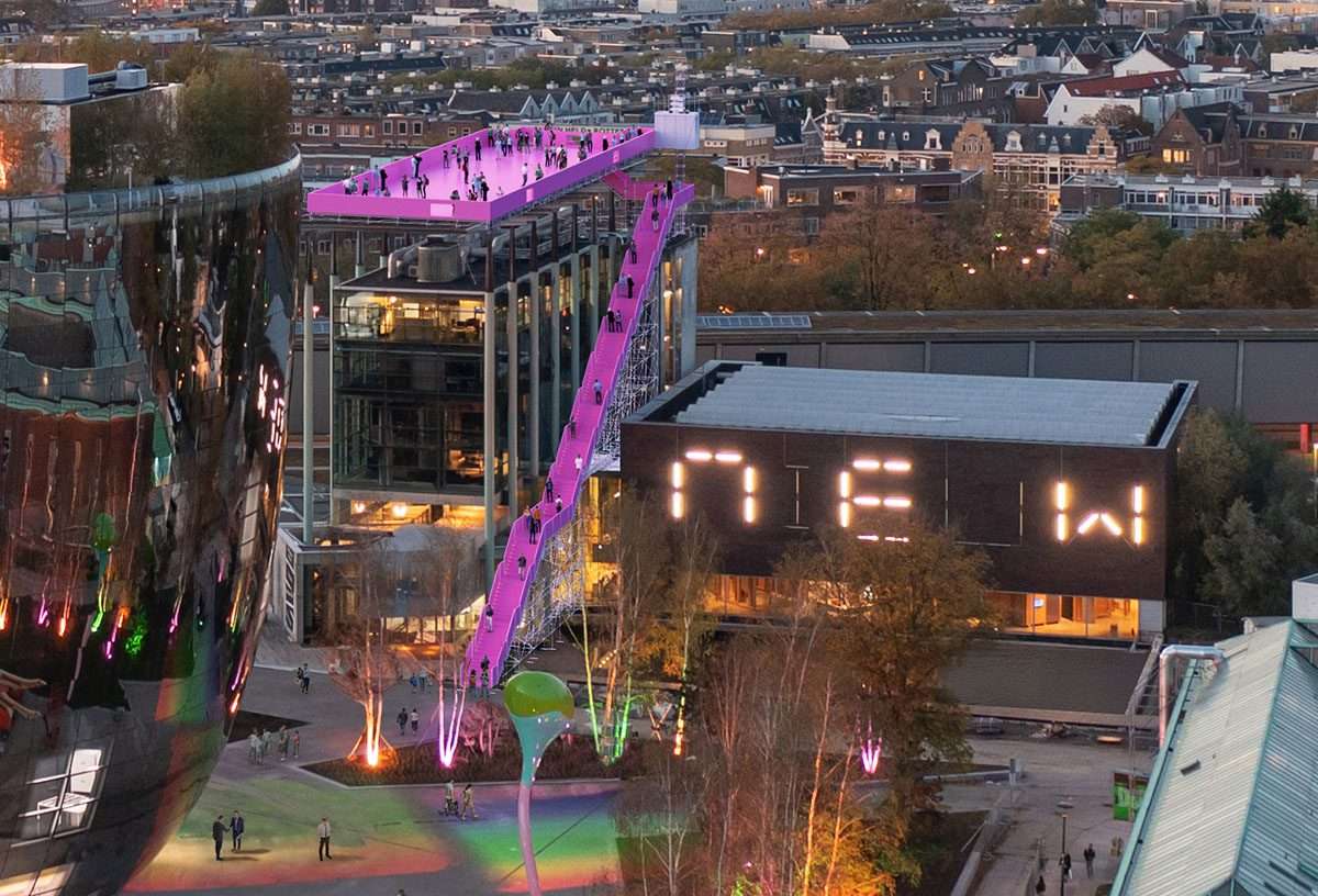 Pink staircase and theater design on the roof of an institute in Rotterdam