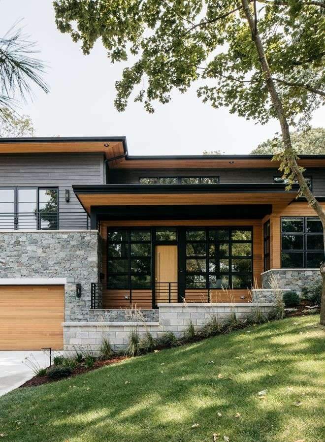 Modern Home Architecture Black Windows Cedar and Walnut Accents Dark Gray Siding in Sherwin…