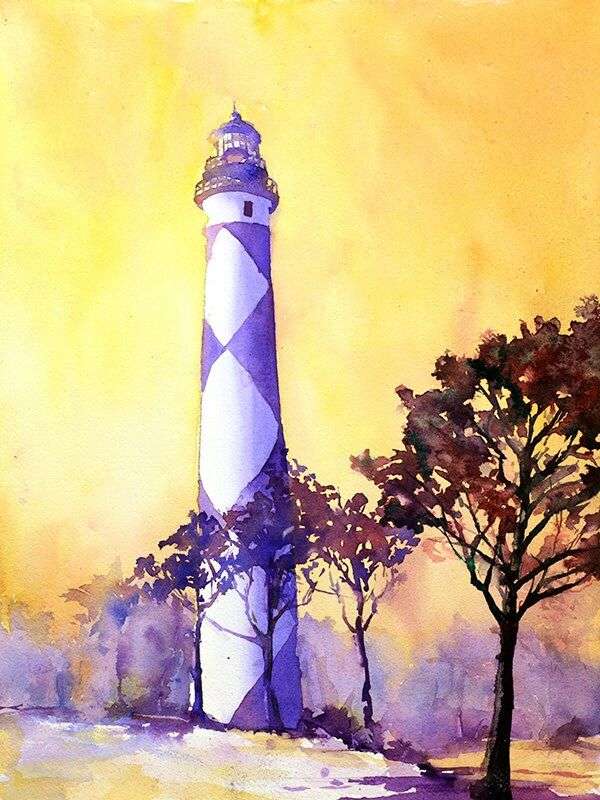 Cape Lookout lighthouse at sunset on the Outer Banks of North Carolina Lighthouse art watercolor, landscape art lighthouse giclee print art – 20×30  inches