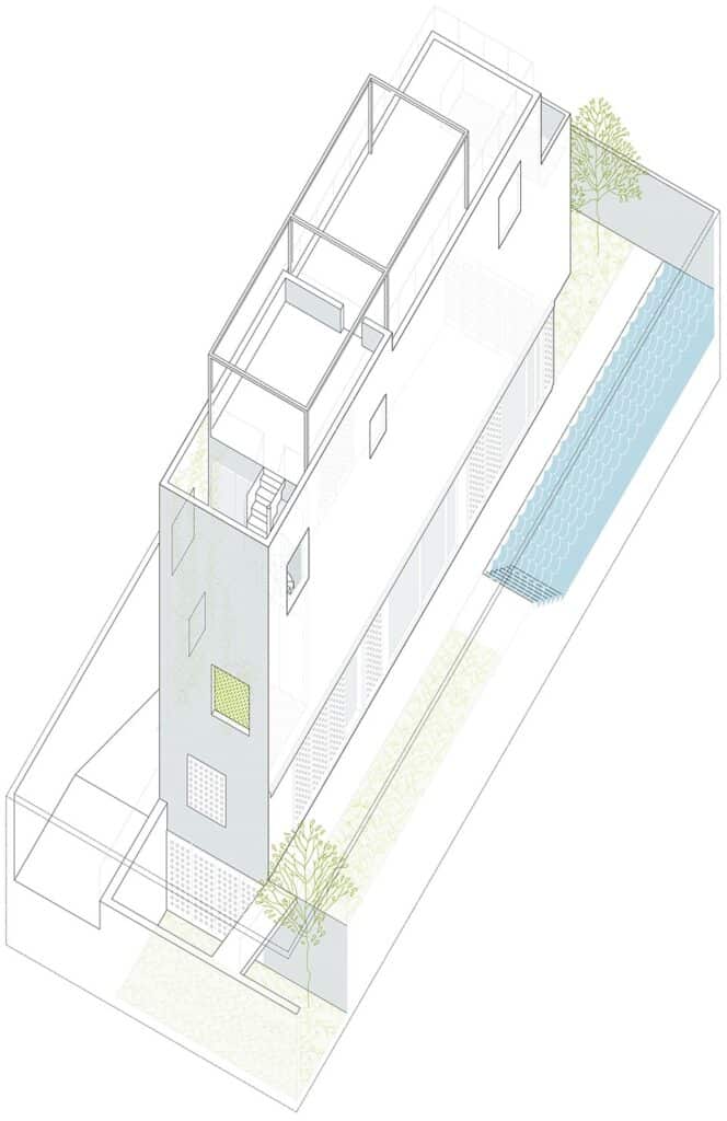 "Axonometric view of a narrow house design showcasing internal and external spaces, including a garden and pool."