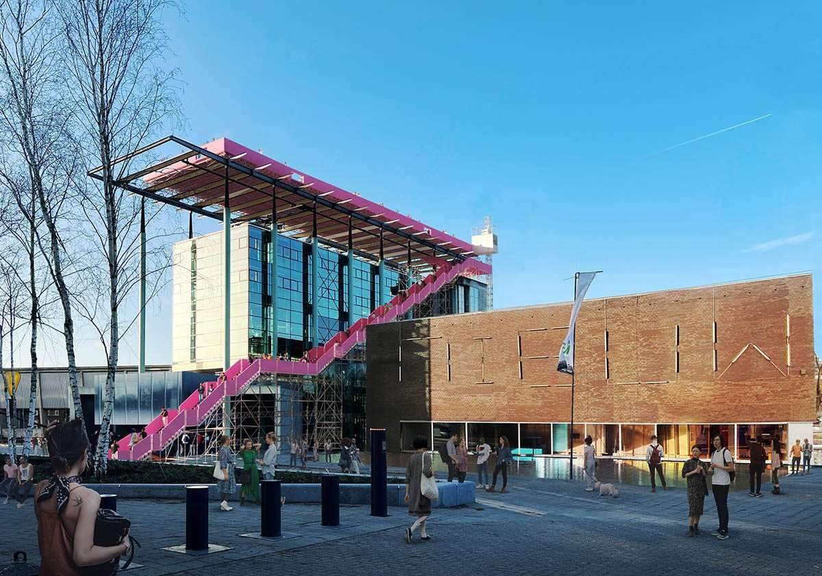 Pink staircase and theater design on the roof of an institute in Rotterdam