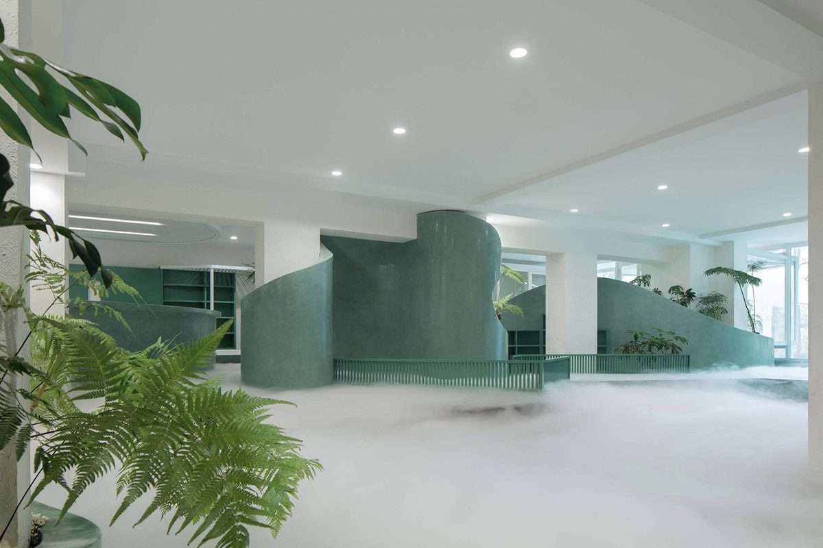 Landscape design for book store and café with misty pond
