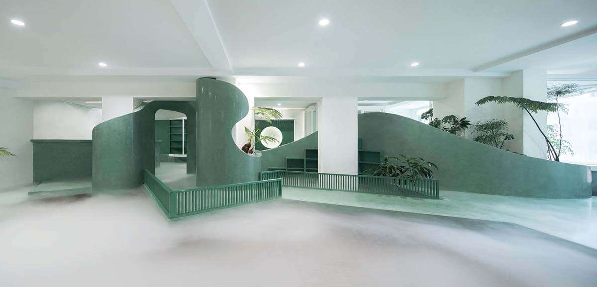 Landscape design for book store and café with misty pond
