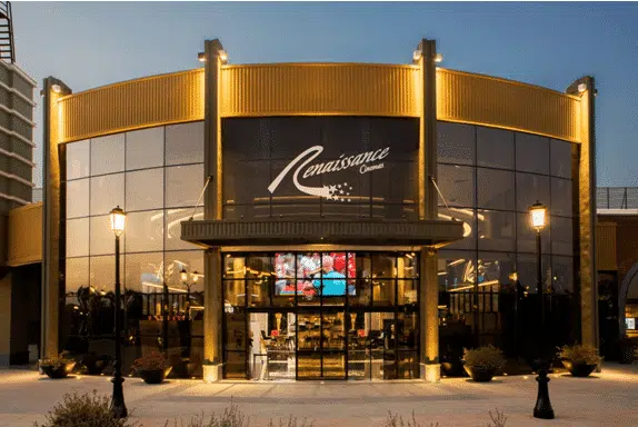 Cinema entrance with luxurious golden lighting