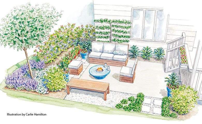 An edible landscape for around the patio: This stylish and functional edible landscape design…