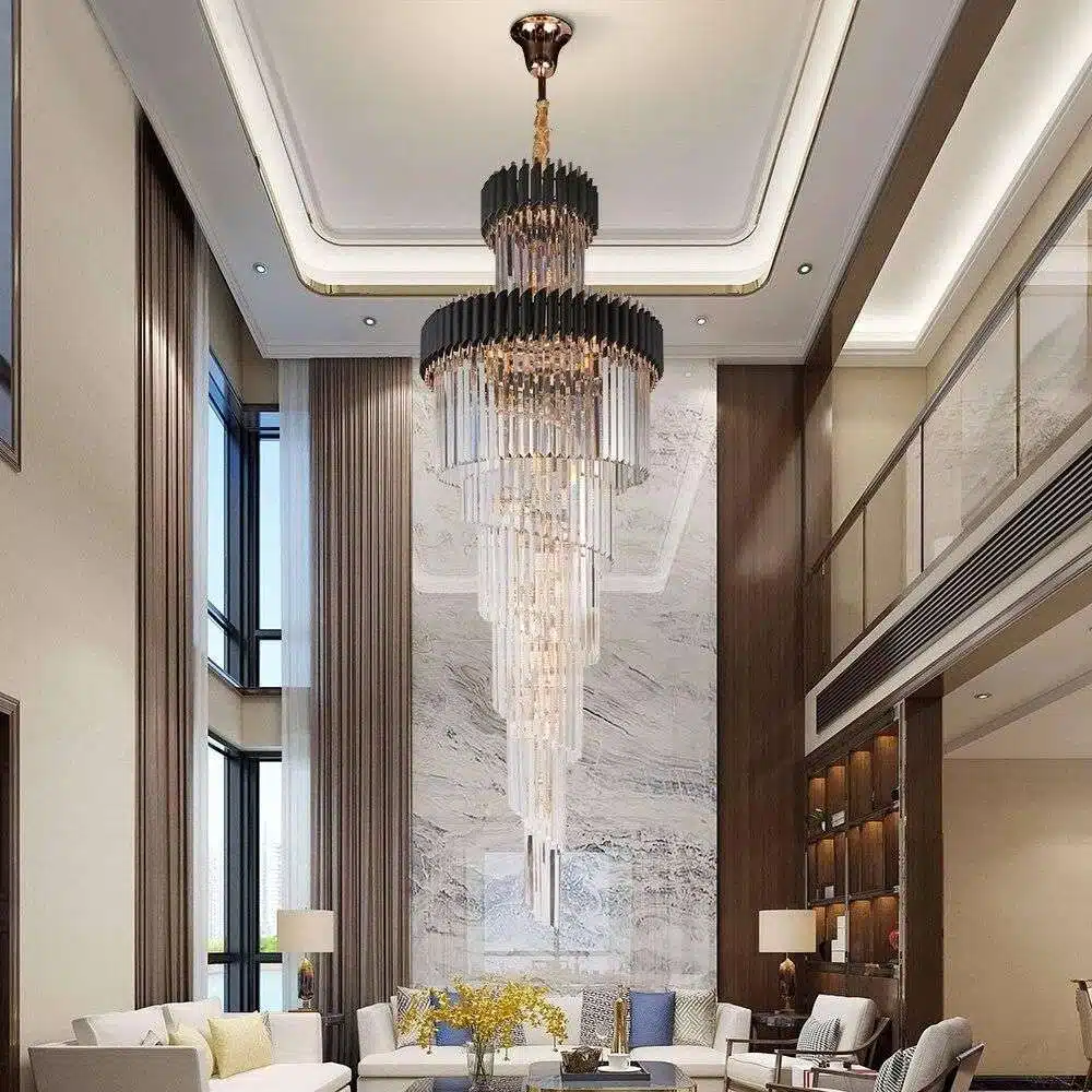 Luxury Modern Crystal Chandelier For Staircase Long Loft Black Light Fixture Villa Lobby Living Room – Dimmable / Dia80xH250cm / Warm White