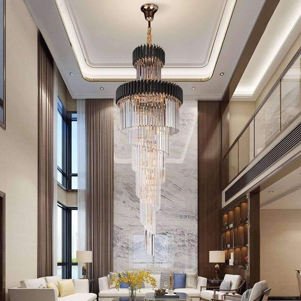 Luxury Modern Crystal Chandelier For Staircase Long Loft Black Light Fixture Villa Lobby Living Room – Dimmable / Dia80xH250cm / Cold White