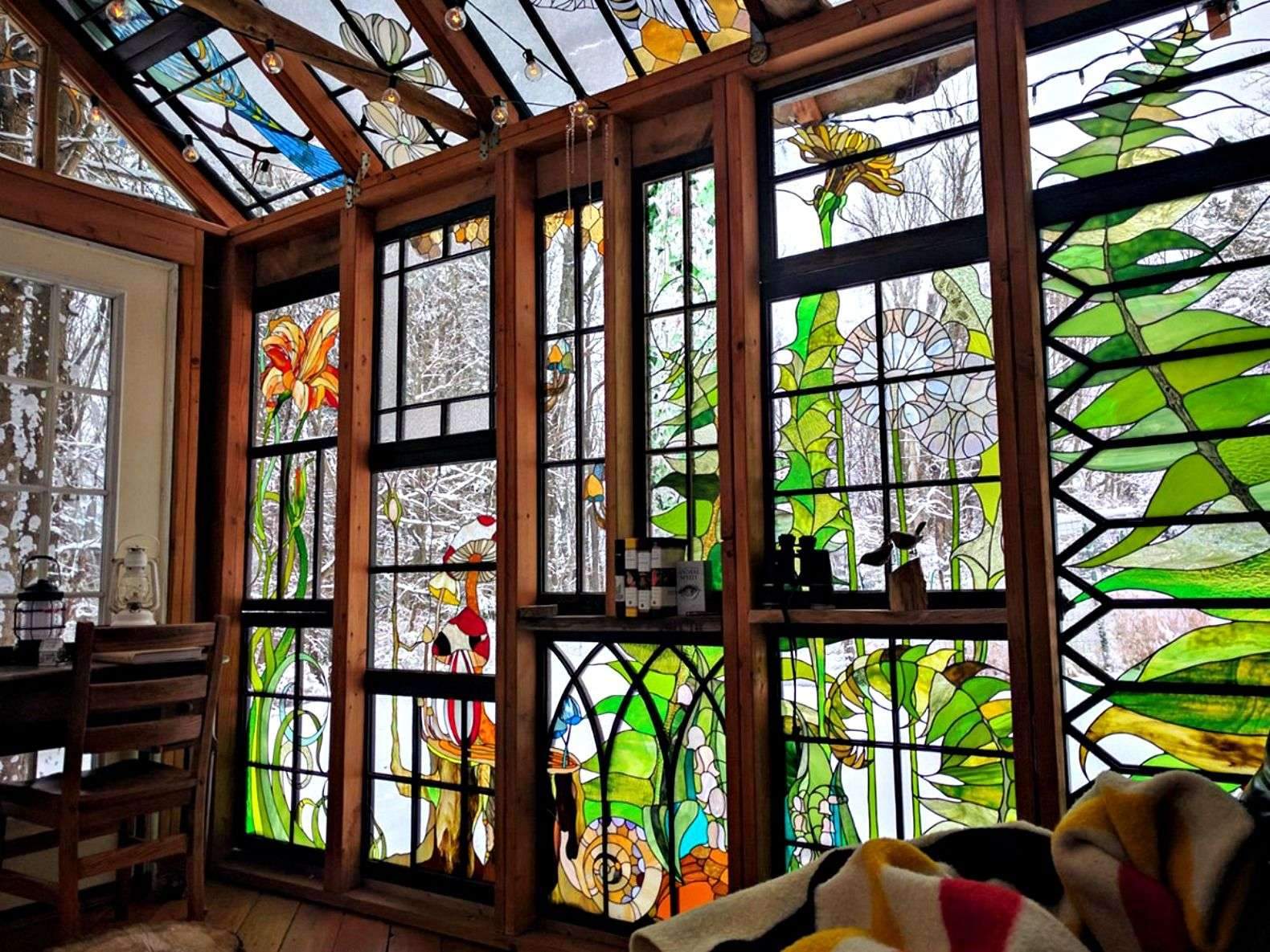 Neile Cooper, Glass Cabin, stained glass cabin, repurposed windows, repurposed building materials, cabin design,…