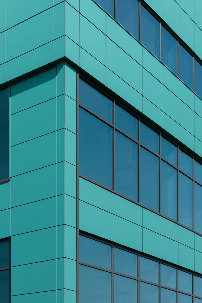 Building fa&ccedil;ade covered in blue cladding panels