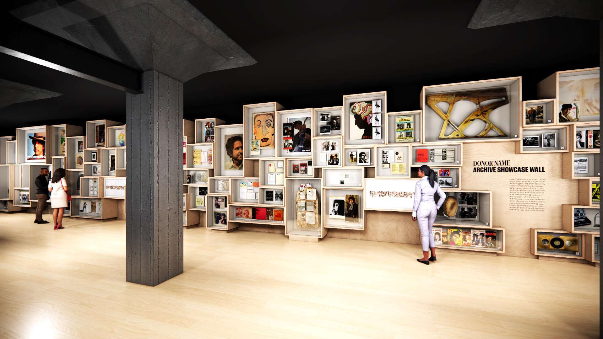 stacked white boxes containing music memorabilia