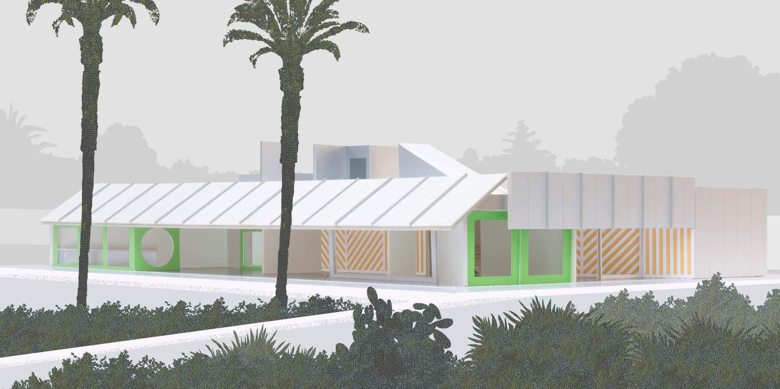 rendering of a colorful structure flanked by palm trees