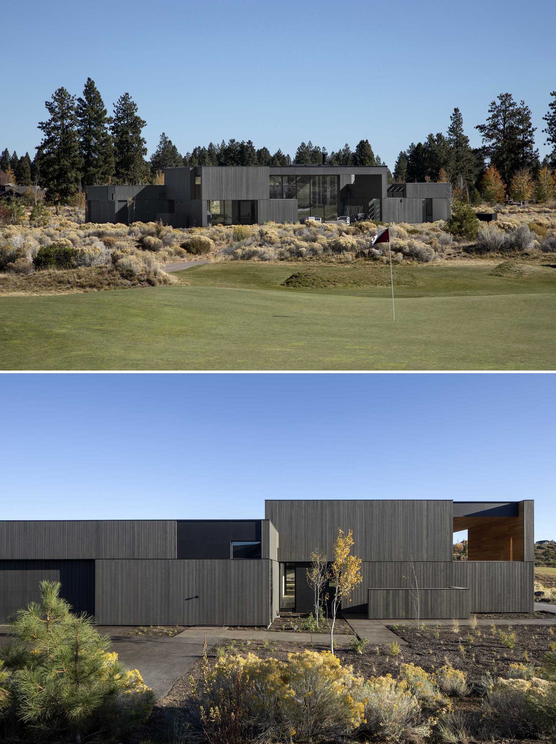 يضفي السطح الخارجي من خشب الأرز والصلب والزجاج على High Desert Residence حضورًا جريئًا في المناظر الطبيعية البركانية الشجرية التي تحيط به.