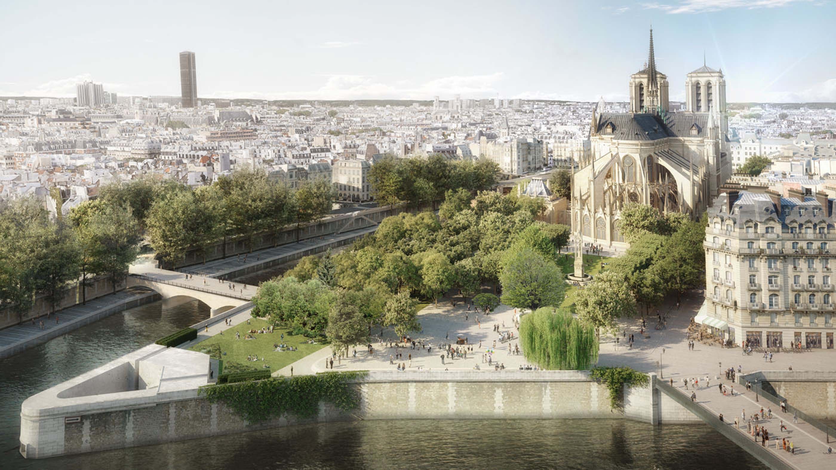 river view of rear of notre daem cathedral with landscaping