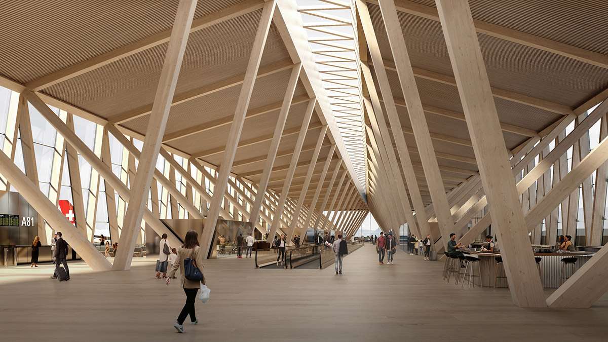 Unveiling the wooden design of Dock A at Zurich Airport