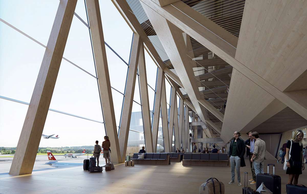 Unveiling the wooden design of Dock A at Zurich Airport