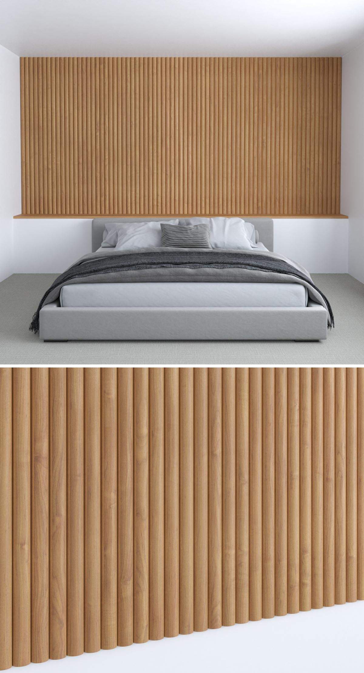 This wood accent wall has been created using dowels, each of which has been cut in half so the back is flat, which allows them to be glued to either a backing panel or to the wall itself.