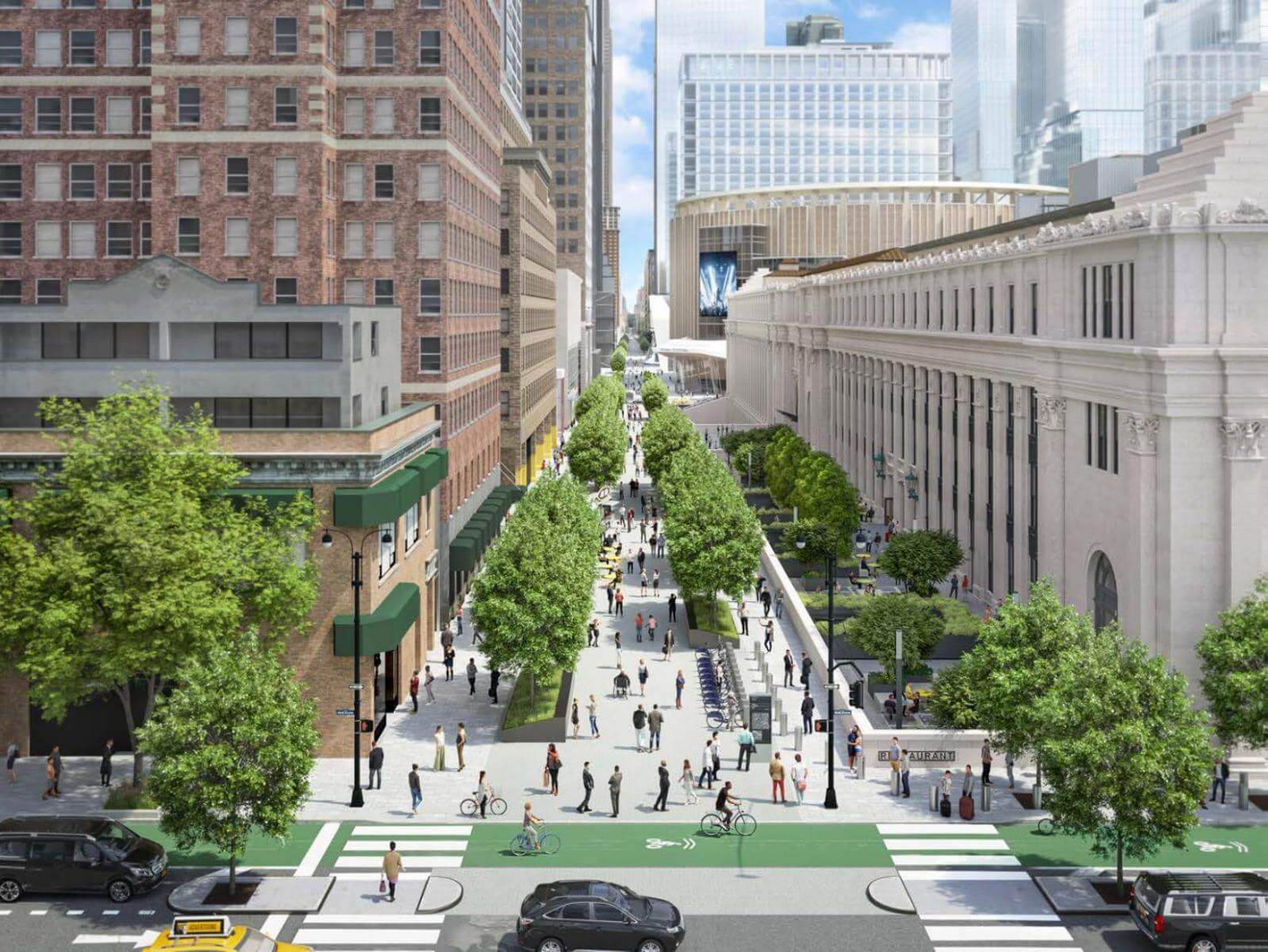 overhead rendering of a pedestrian plaza in manhattan