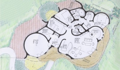 مخطط تصميم بيوت الأرض يوضح توزيع الغرف والمساحات المعيشية