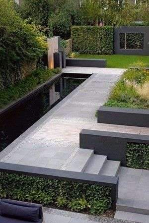 Le plan du jardin moderne est conçu de plusieurs rectangles qui s'imbriquent les uns…