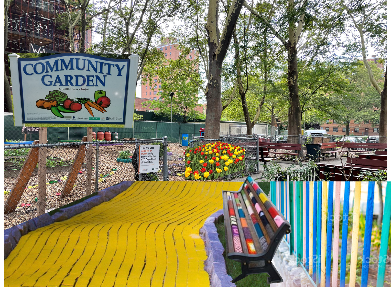 a collage of an urban yellow brick road playscape