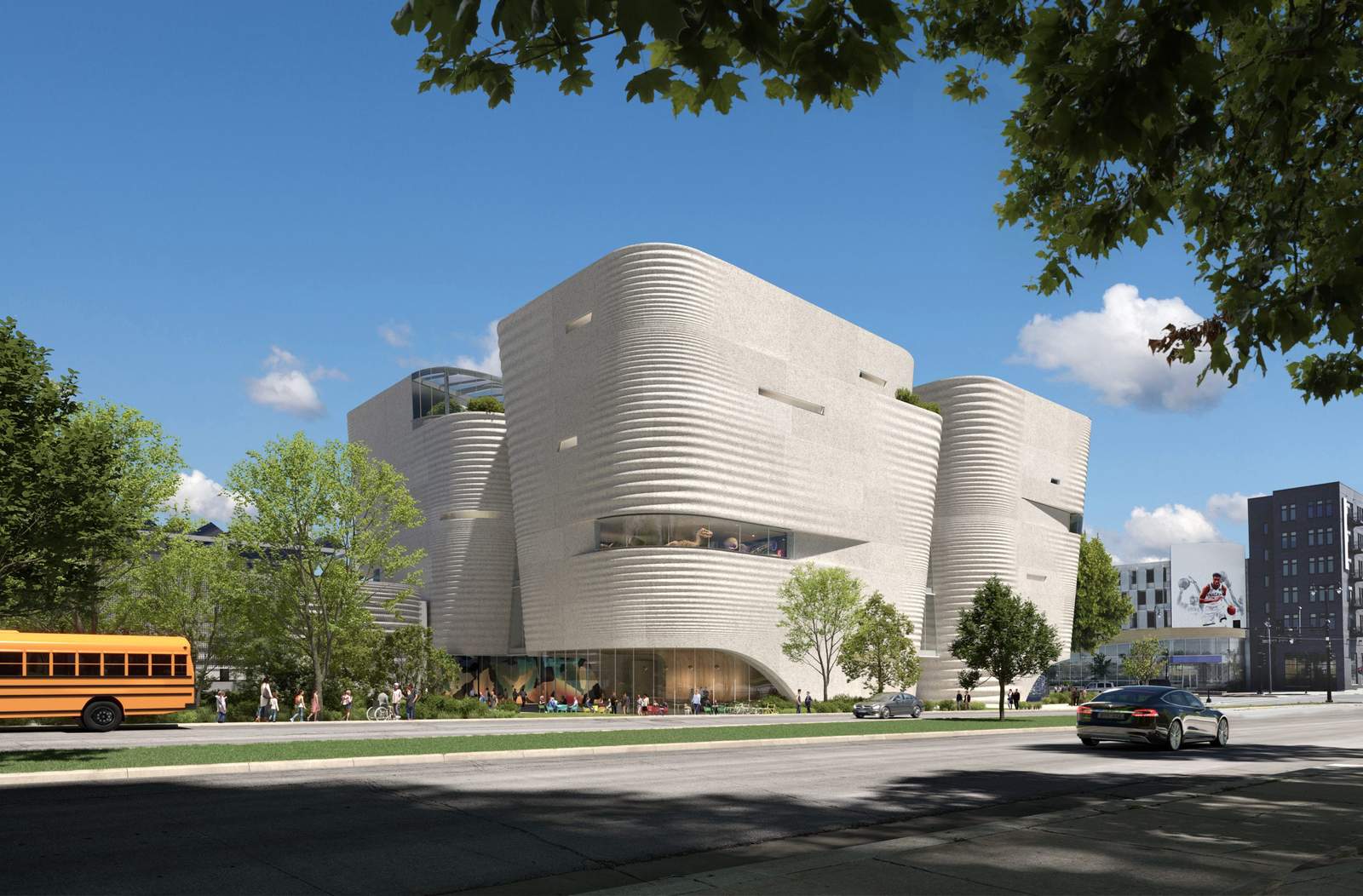 rendering of three concrete museum buildings inspire by glacial forms