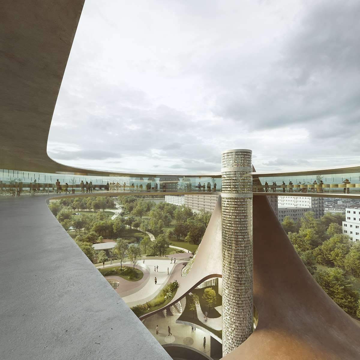 Proposed organic floating library surrounded by a pair of mountain structures above Porta Vittoria Park
