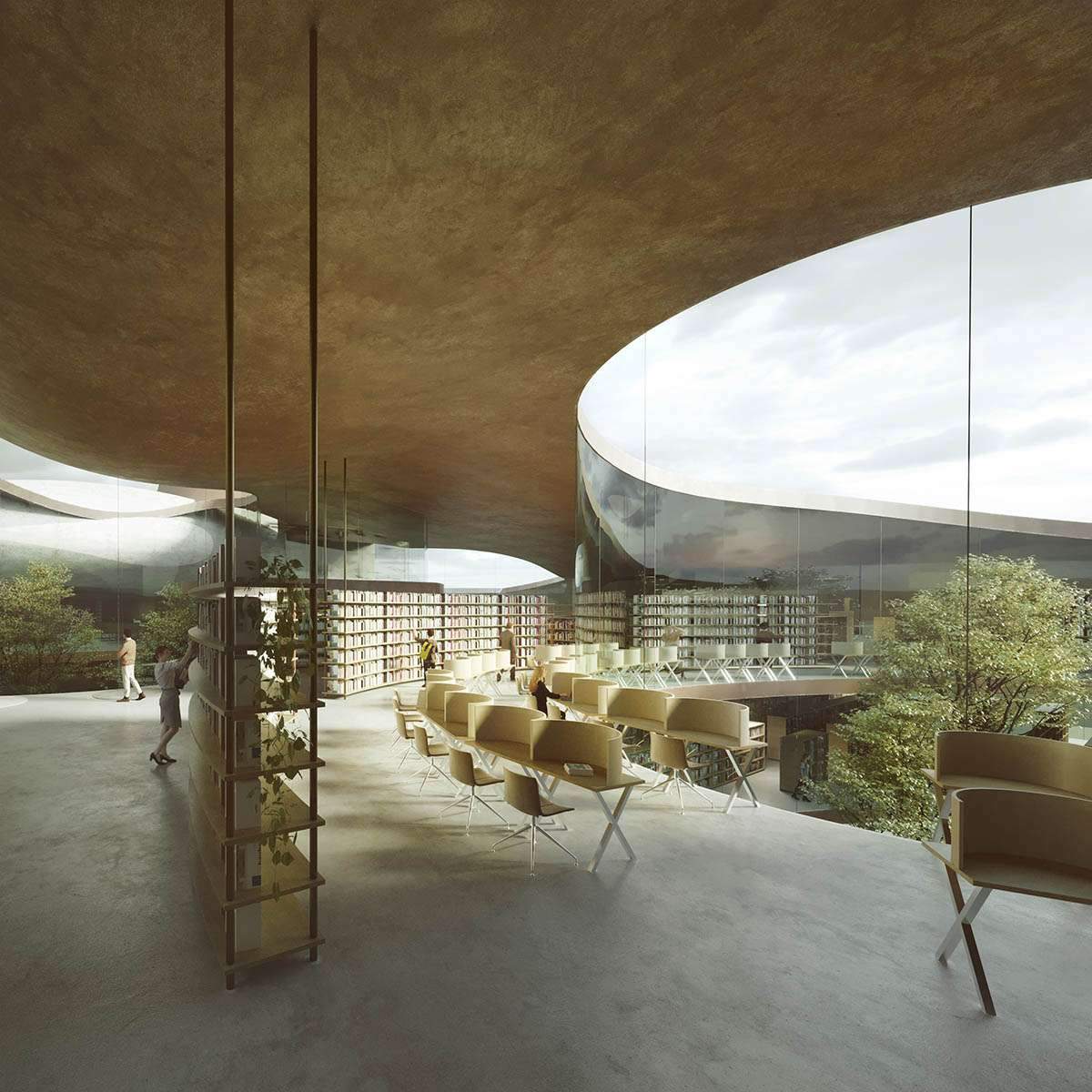 Proposed organic floating library surrounded by a pair of mountain structures above Porta Vittoria Park