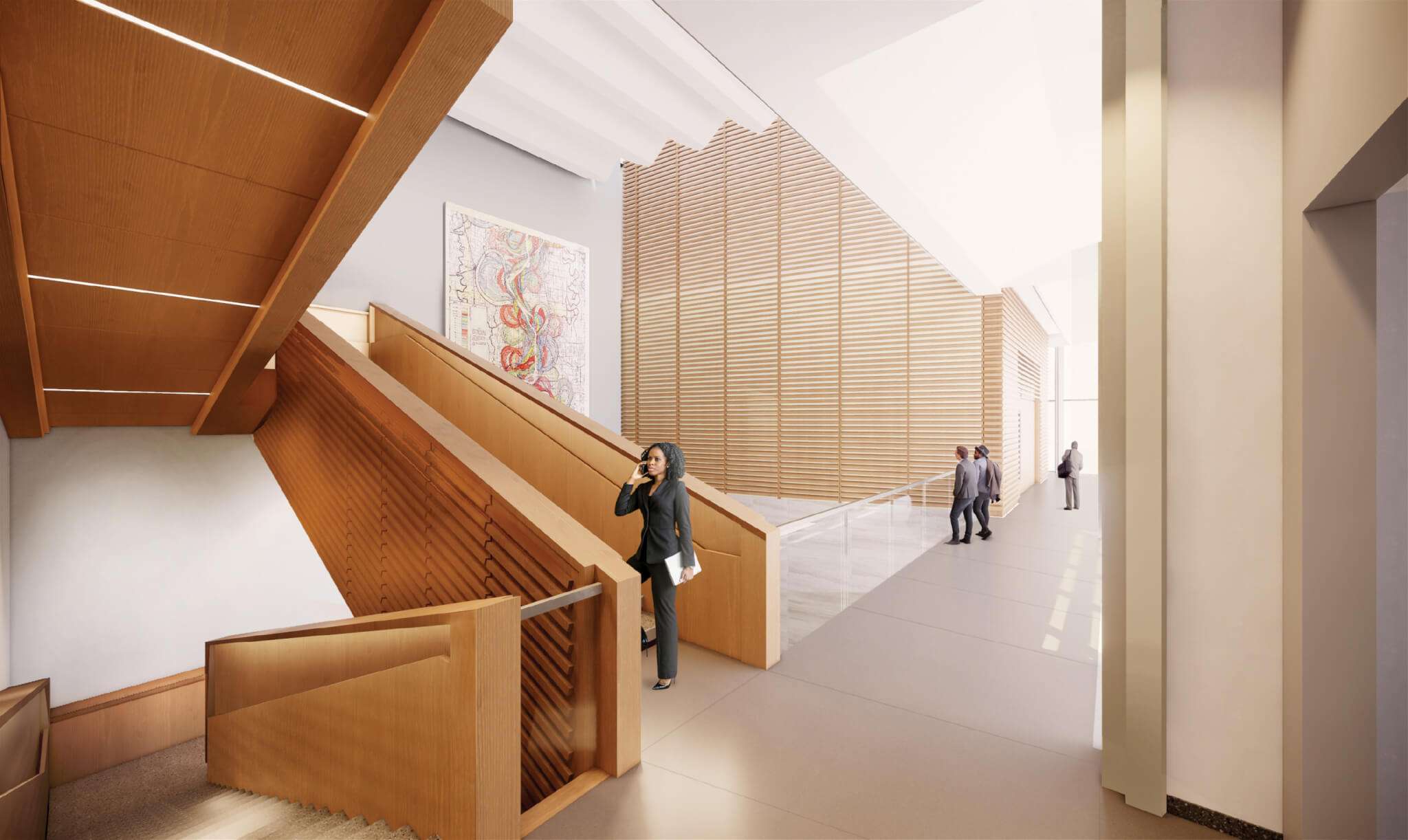 wood-clad, light-filled interior of a courthouse building