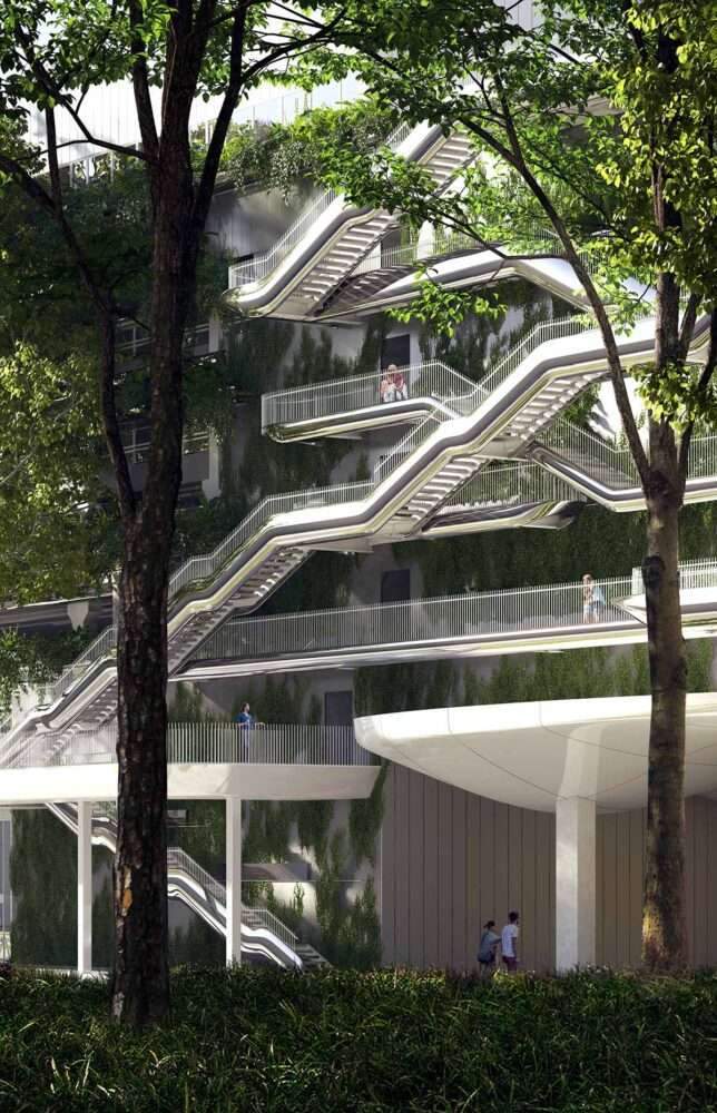 Design a transportation and logistics hub with polished sculptural metal staircases in Milan